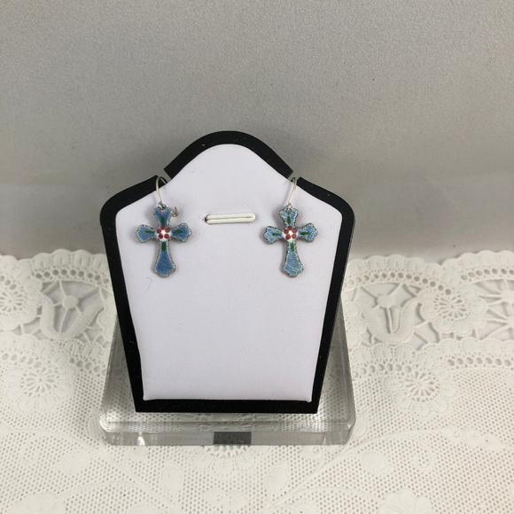 Sold Vintage Blue Enamel Guilloche Cross Drop Earrings - Picture 2 of 3